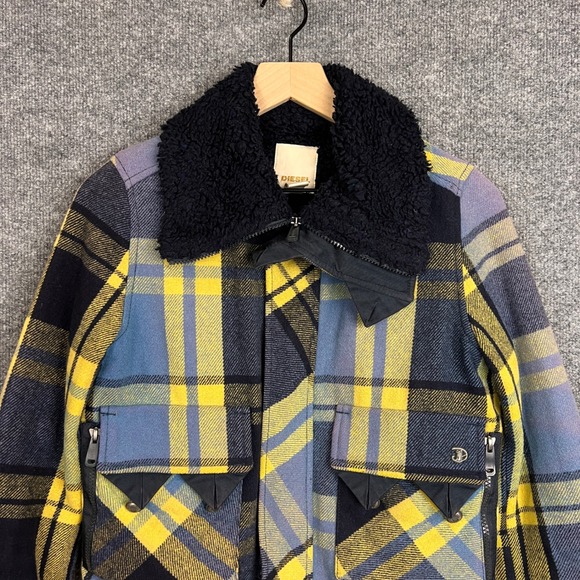 Y2K Diesel Plaid Wool Tartan Plaid Sherpa Jacket Collar and Zipper Pocket XXS - Picture 3 of 11